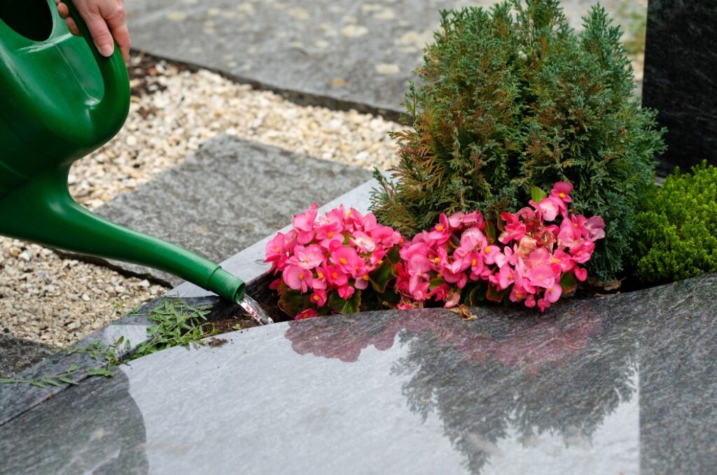 Blumen am Grab werden gegossen