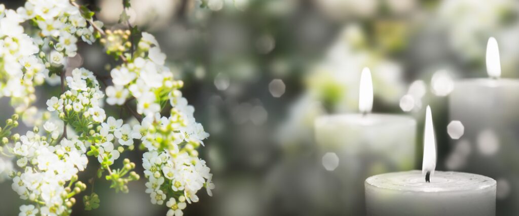 weiß blühenden Zweig und 3 weiße Kerze leuchtet draußen in einem Garten, florale Konzept mit brennenden Kerzen Dekoration für kontemplative Athmosphäre Hintergrund