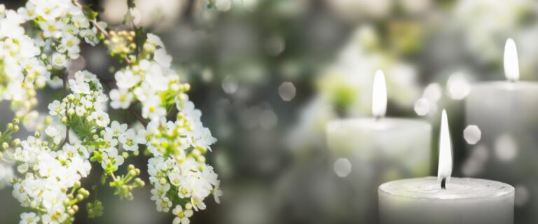 weiß blühenden Zweig und 3 weiße Kerze leuchtet draußen in einem Garten, florale Konzept mit brennenden Kerzen Dekoration für kontemplative Athmosphäre Hintergrund
