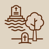 Braunes Symbol mit Grabsteinen, einem Baum und Wellen auf beigem Hintergrund