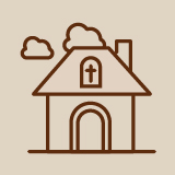 Eine braune Skizze eines Hauses mit Kreuzfenster und zwei Wolken auf beigem Hintergrund