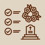Eine braune Grafik zeigt eine Checkliste, einen Blumenkranz und einen Grabstein