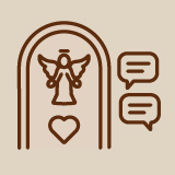 Braunes Icon mit einem Engel in einem Bogen, darunter ein Herz und zwei Sprechblasen