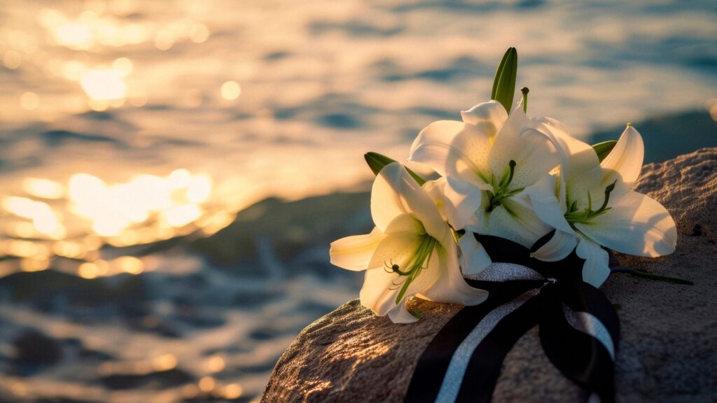 Schwarzes Trauerflor und weiße Lilienblüten auf einem Felsen am ruhigen Meer